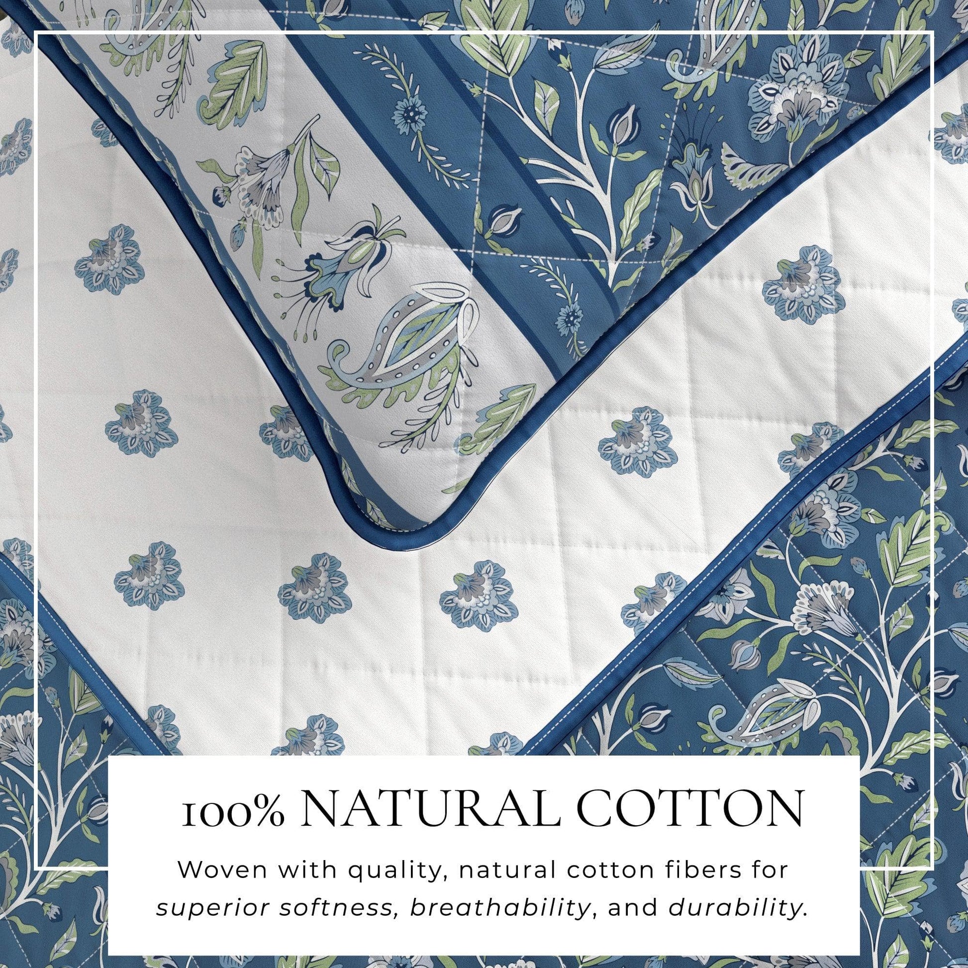 Floral patterned quilt with blue and green design on a white background