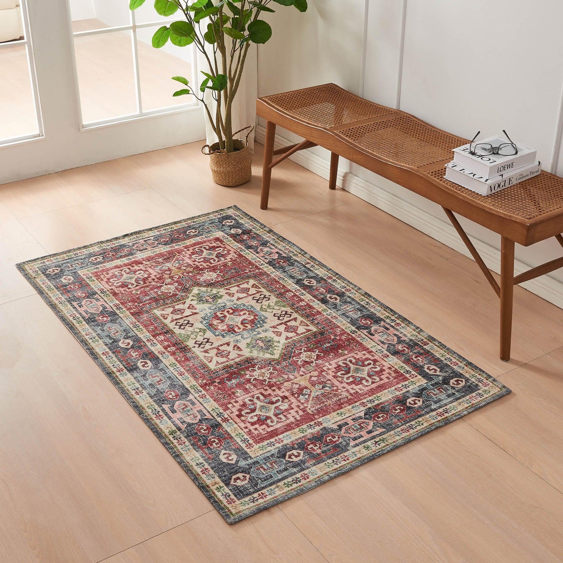 Decorative rug on a wooden floor with a bench and plant in the background