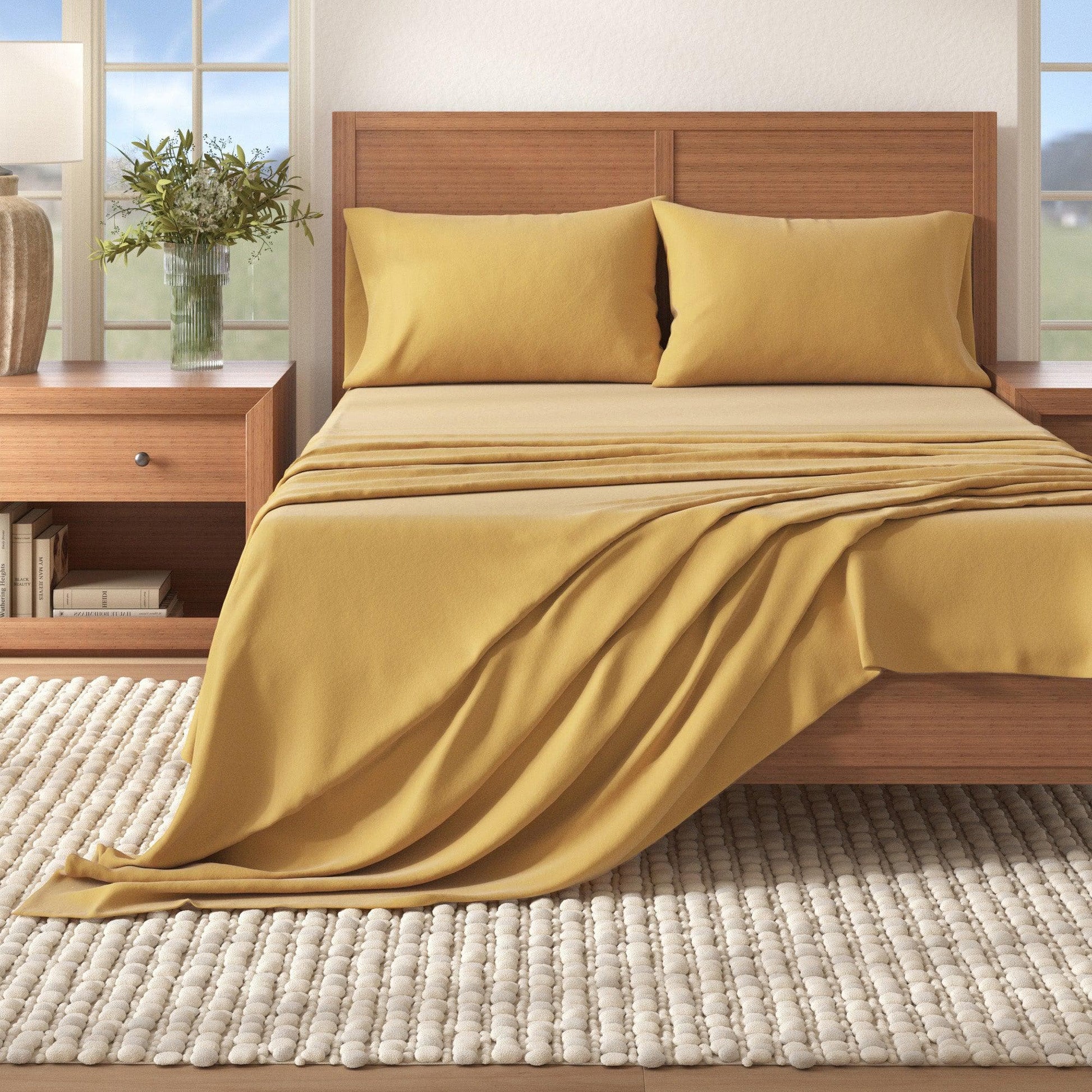 Yellow bedding set on a bed in a bedroom with a wooden headboard and side tables.