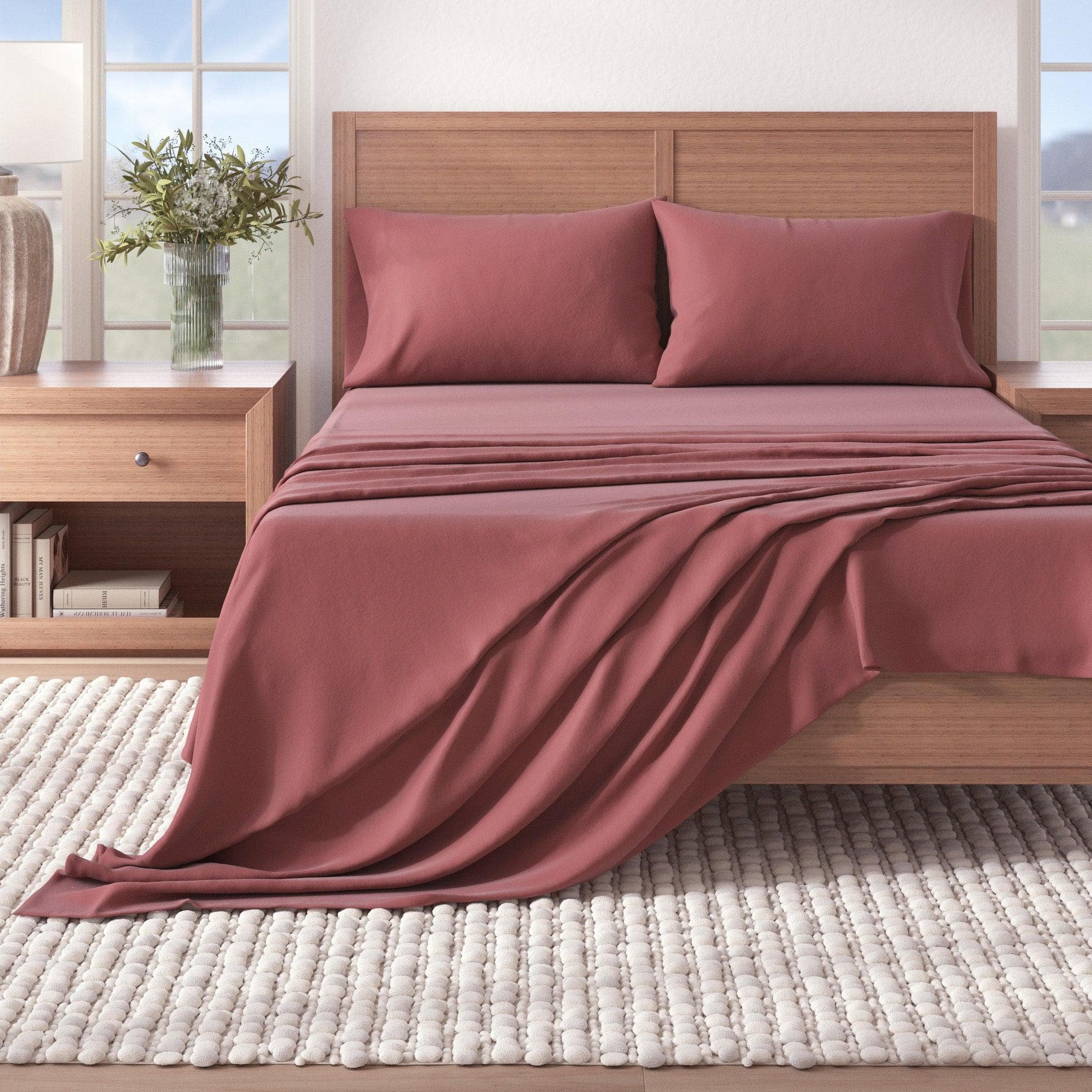Bed with maroon bedding and pillows in a bright room with windows and decor.