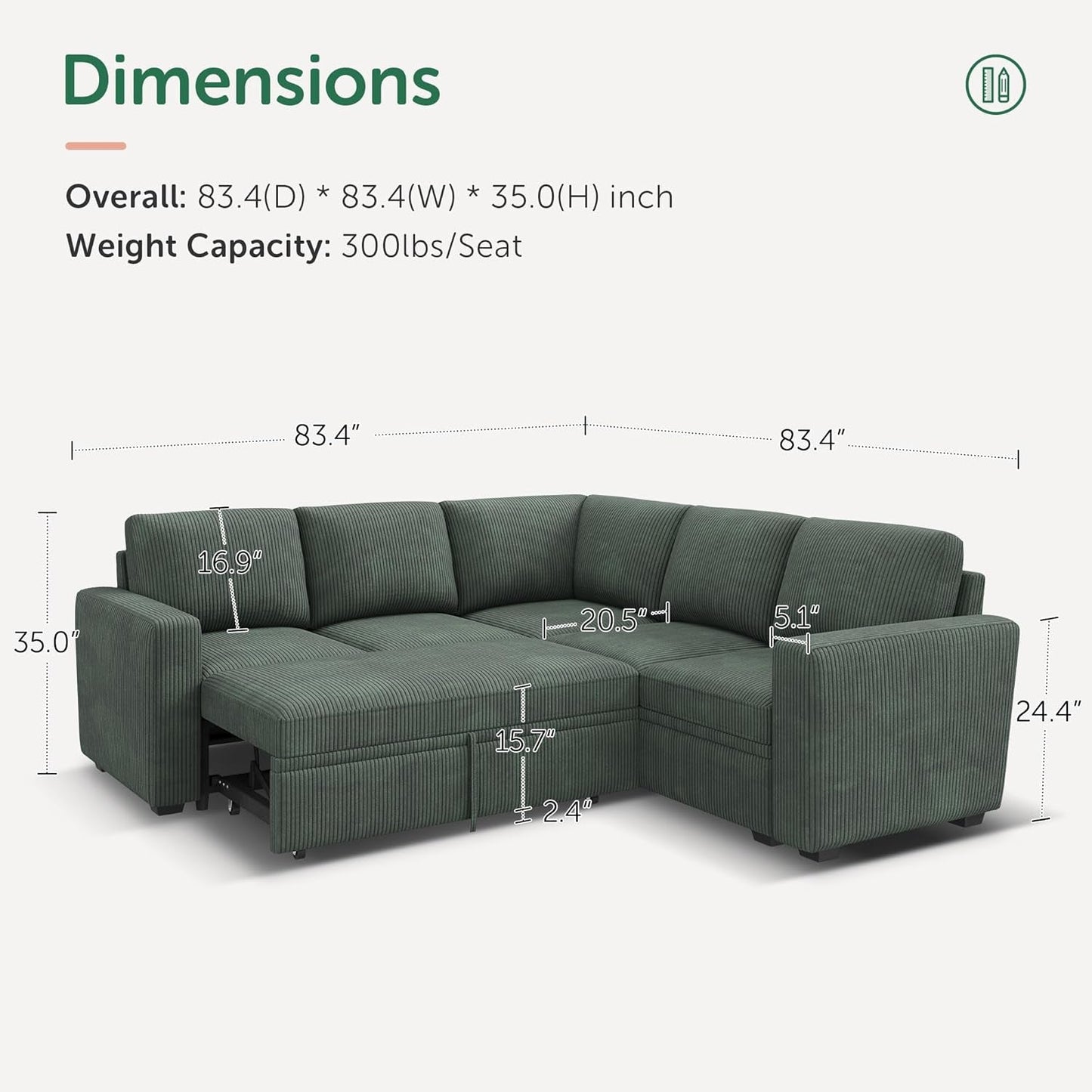 Green Corduroy Sectional Sleeper Sofa With Storage