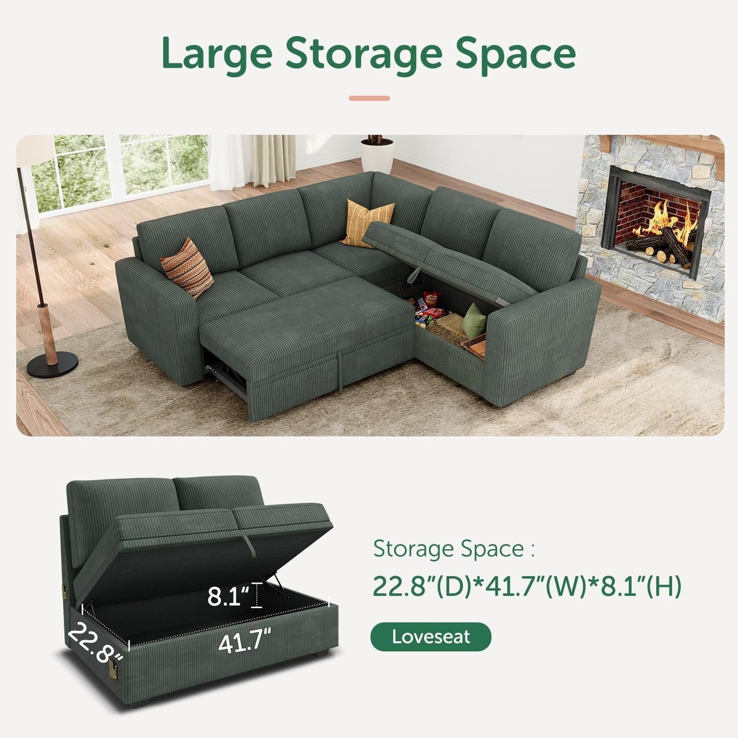 Green Corduroy Sectional Sleeper Sofa With Storage