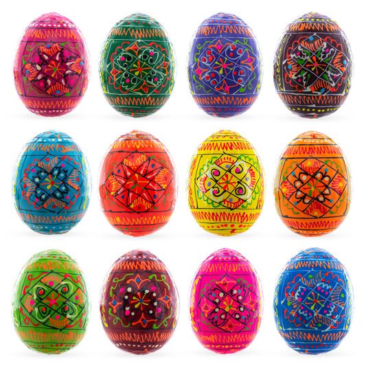 Set of 12 Geometrical Wooden Ukrainian Easter Eggs Pysanky 2.5 Inches