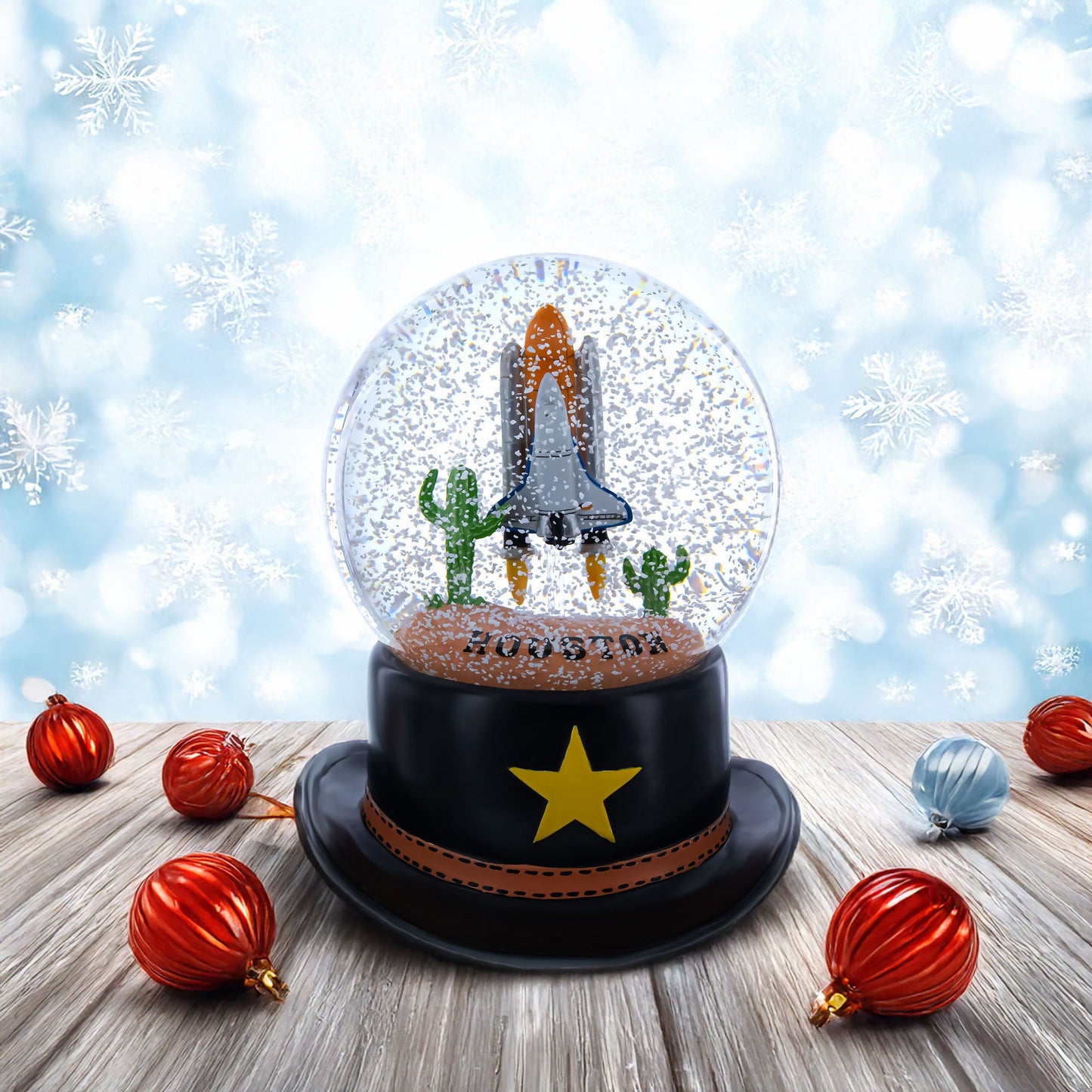 Houston Space Shuttle with Cowboy Hat Base Glass Water Snow Globe
