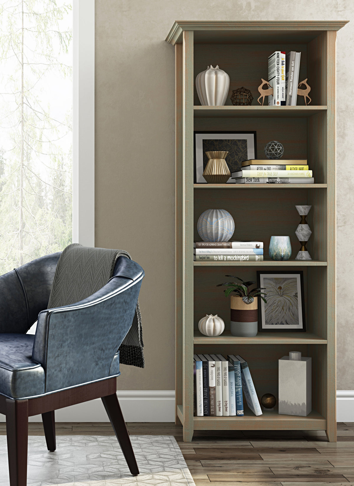 Amherst 30 Inch Solid Wood 5 Shelf Bookcase in Distressed