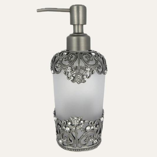 Soap Dispenser – Frosted Glass Bathroom Accessory With Rhinestones & Pewter Finish