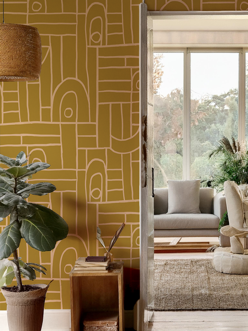 Deco Tile Wallpaper, mustard & peach