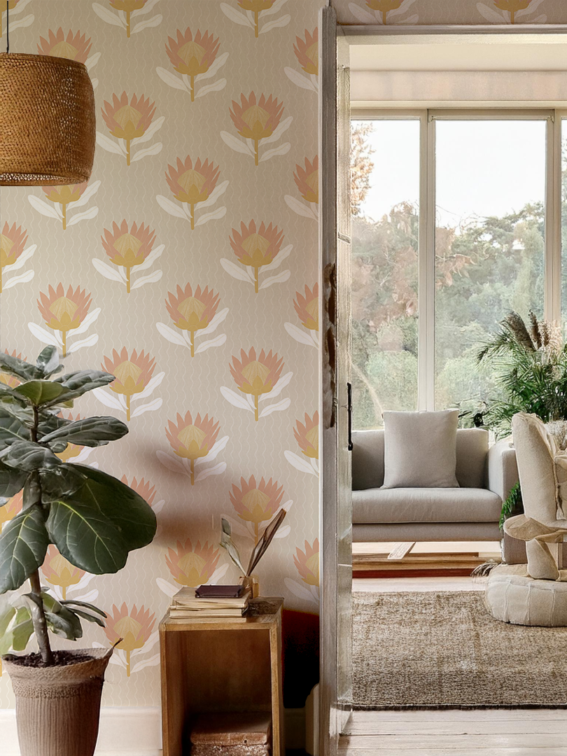 King Protea Wallpaper, tan and light coral