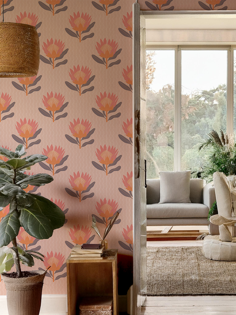 King Protea Wallpaper, coral and orange