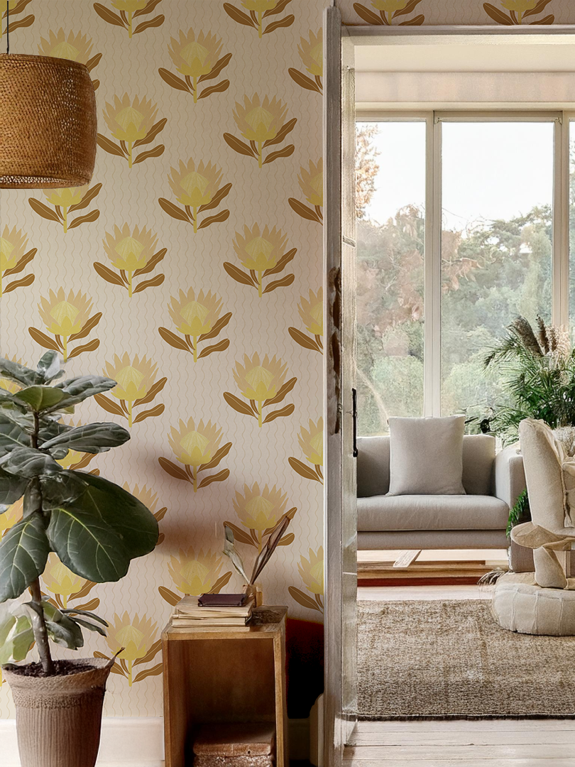 King Protea Wallpaper, neutral and brown mustard