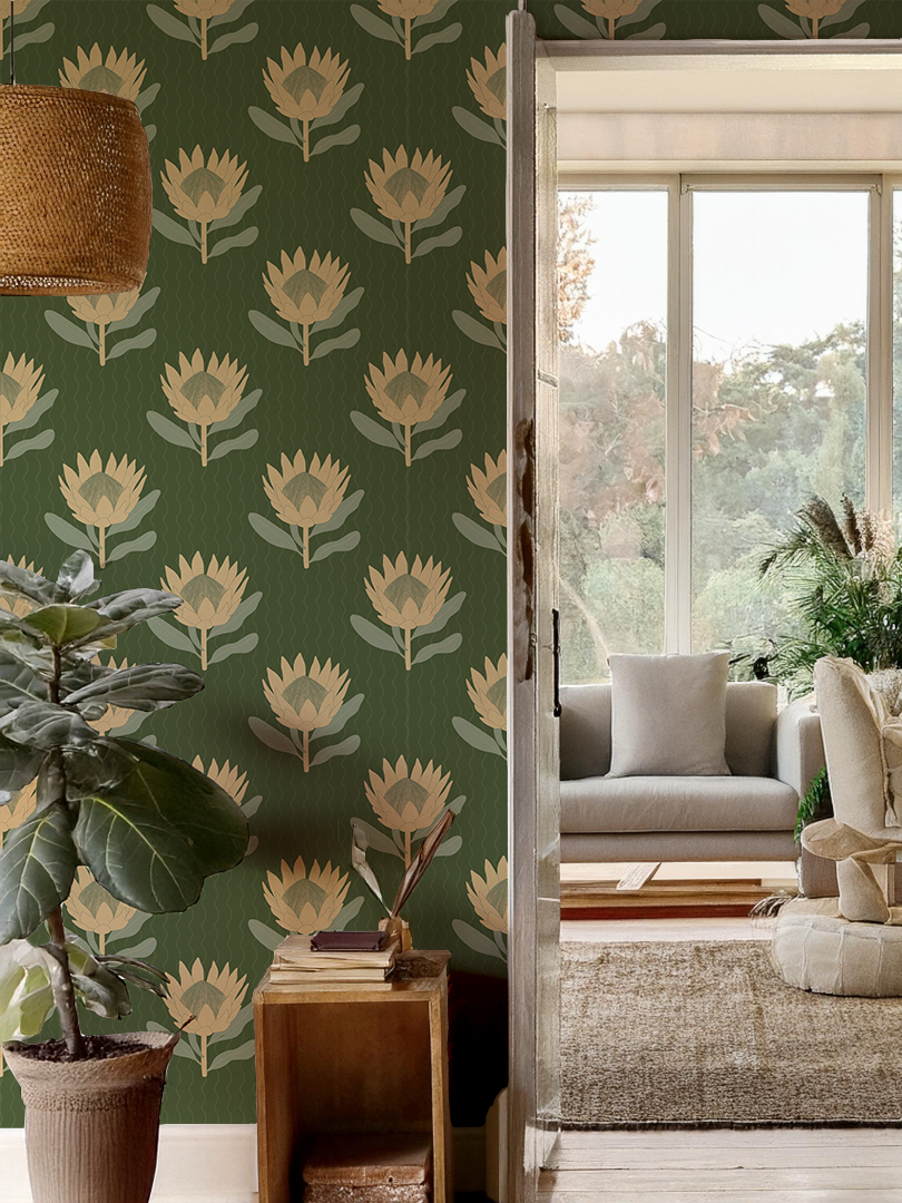 King Protea Wallpaper, forest green and butter yellow
