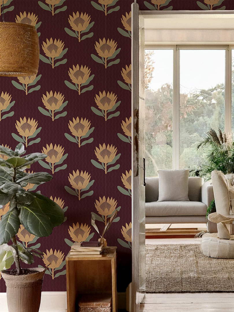 King Protea Wallpaper, dark plum and butter yellow