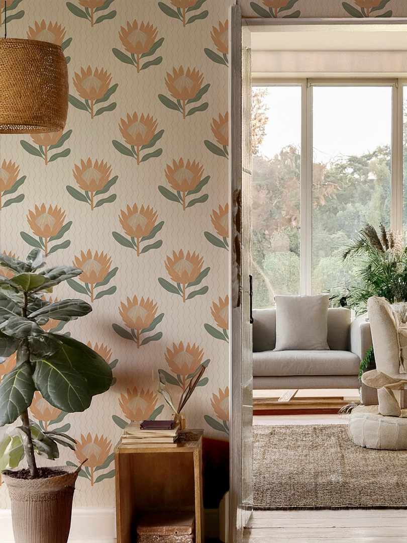 King Protea Wallpaper, neutral and apricot
