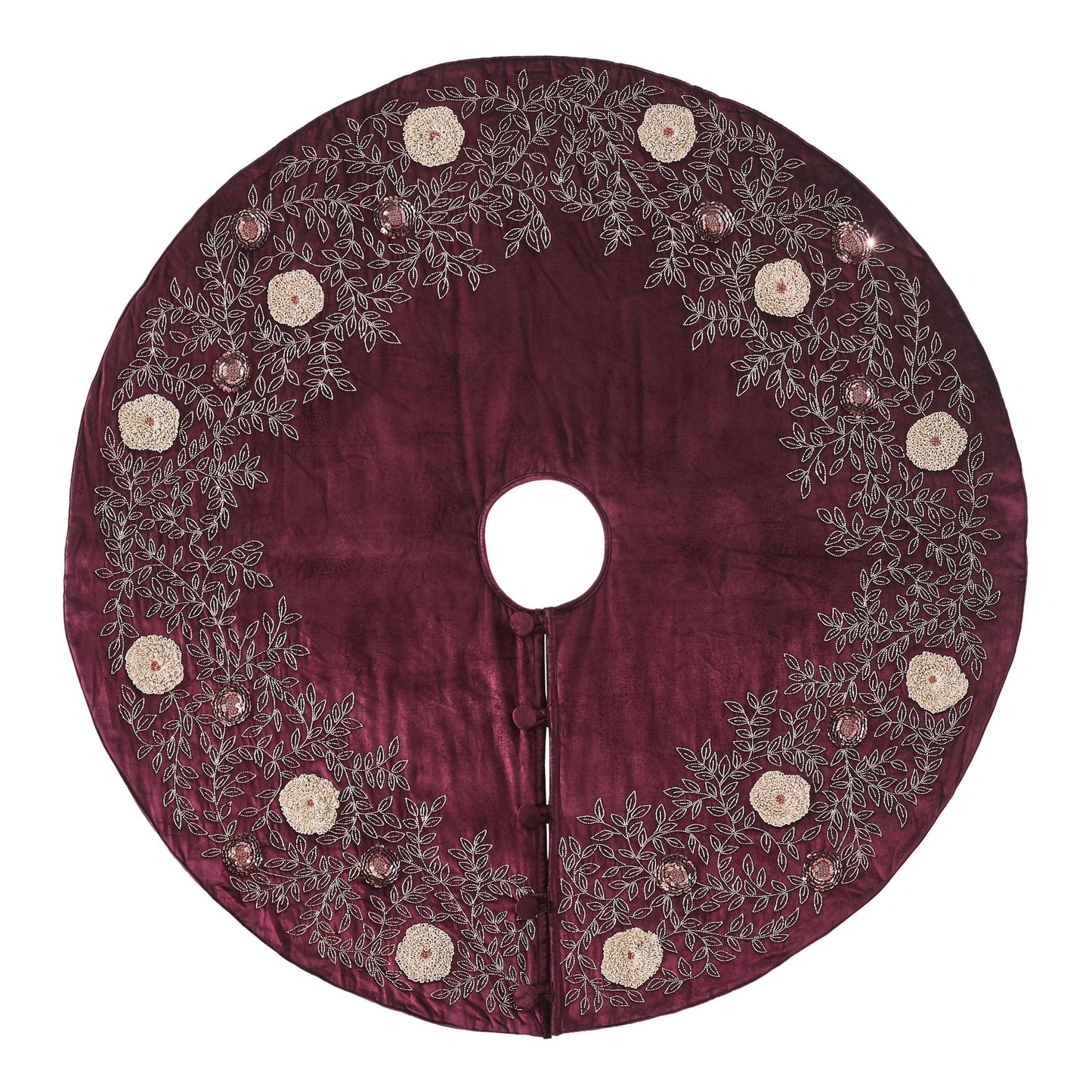 Hand Beaded Velvet Floral WIne Christmas Tree Skirt 60" Arcadia Home