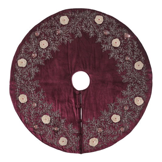 Hand Beaded Velvet Floral WIne Christmas Tree Skirt 60" Arcadia Home