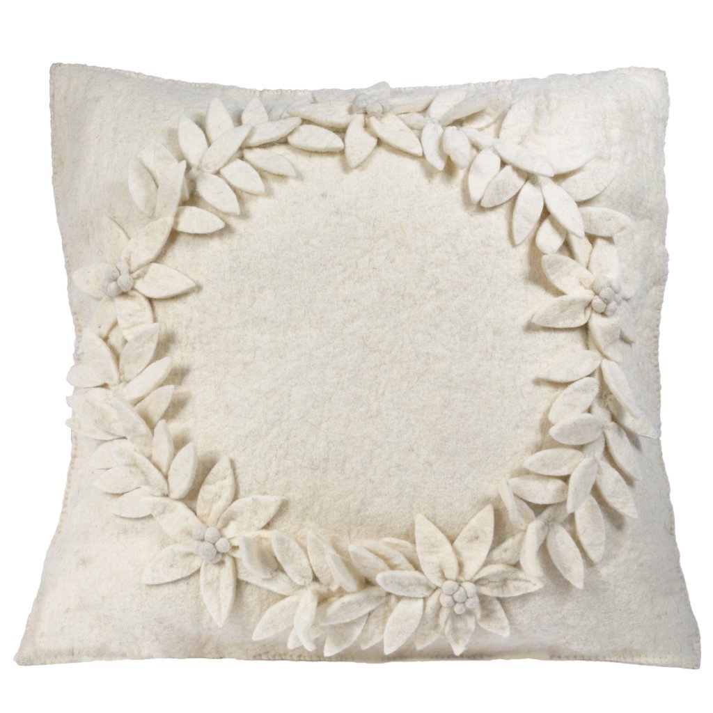 Hand Felted Wool Christmas Pillow –Cream Wreath – 20" Arcadia Home