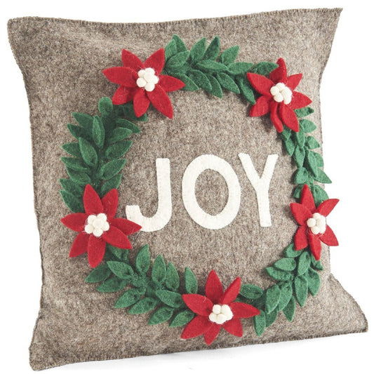Hand Felted Wool Christmas Pillow - JOY Wreath Natural Gray - 20" Arcadia Home