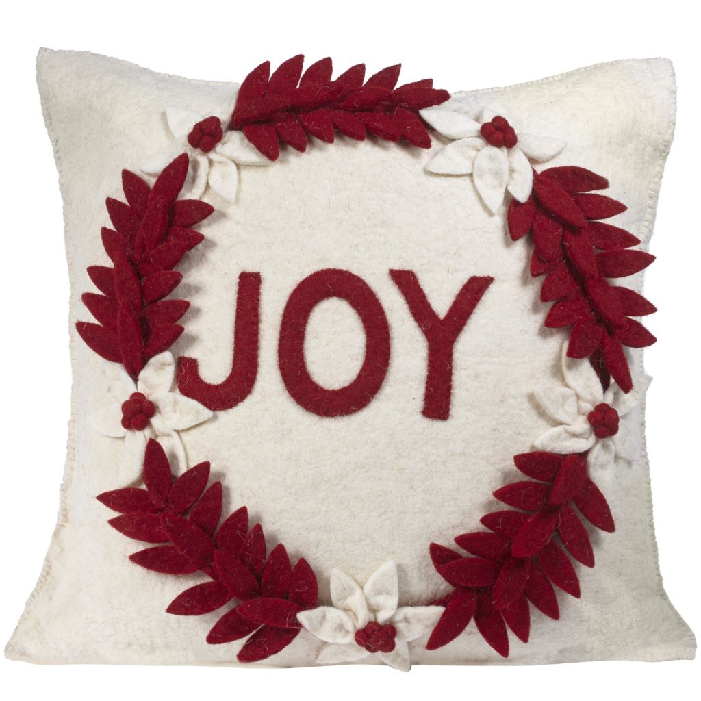 Hand Felted Wool Christmas Pillow - JOY Wreath Cream - 20" Arcadia Home