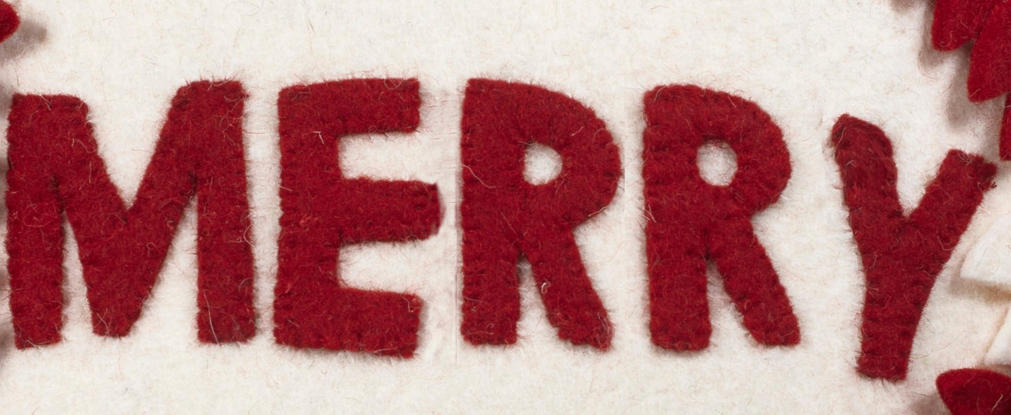 Hand Felted Wool Christmas Pillow - MERRY Wreath Cream - 20" Arcadia Home