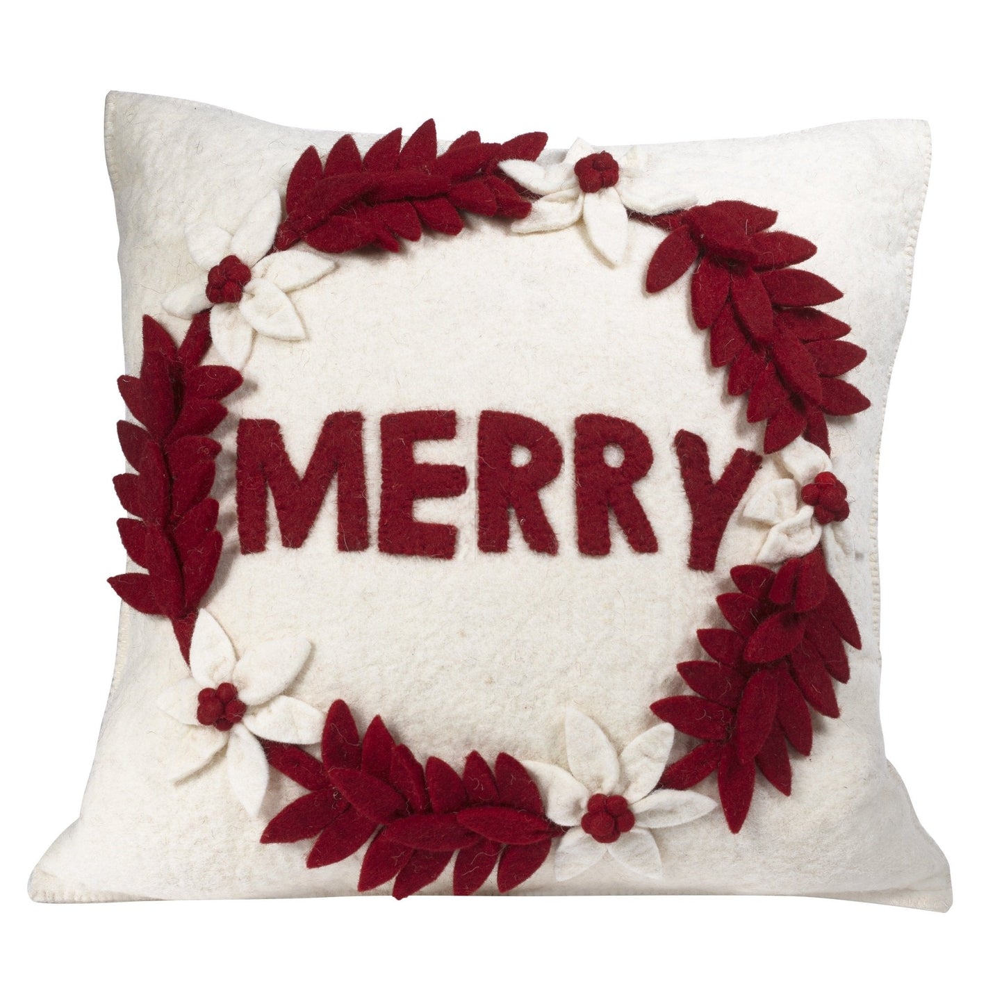 Hand Felted Wool Christmas Pillow - MERRY Wreath Cream - 20" Arcadia Home