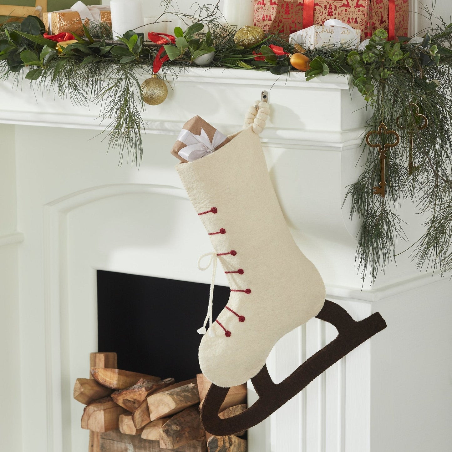 Ice Skate Hand Felted Wool Cream Christmas Stocking Skate Arcadia Home