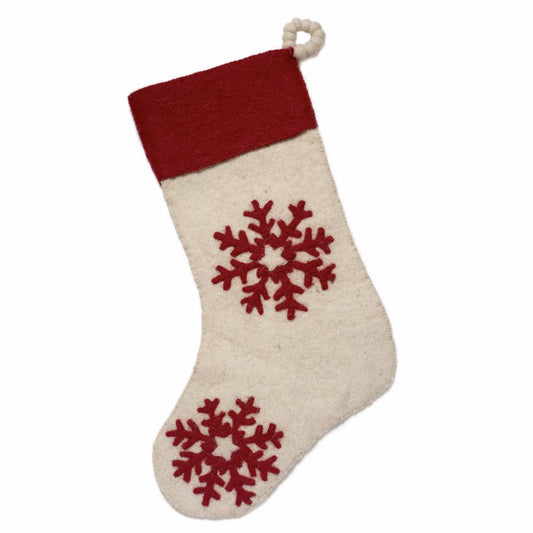 Hand Felted Wool Christmas Stocking Red Snowflakes Cream Arcadia Home