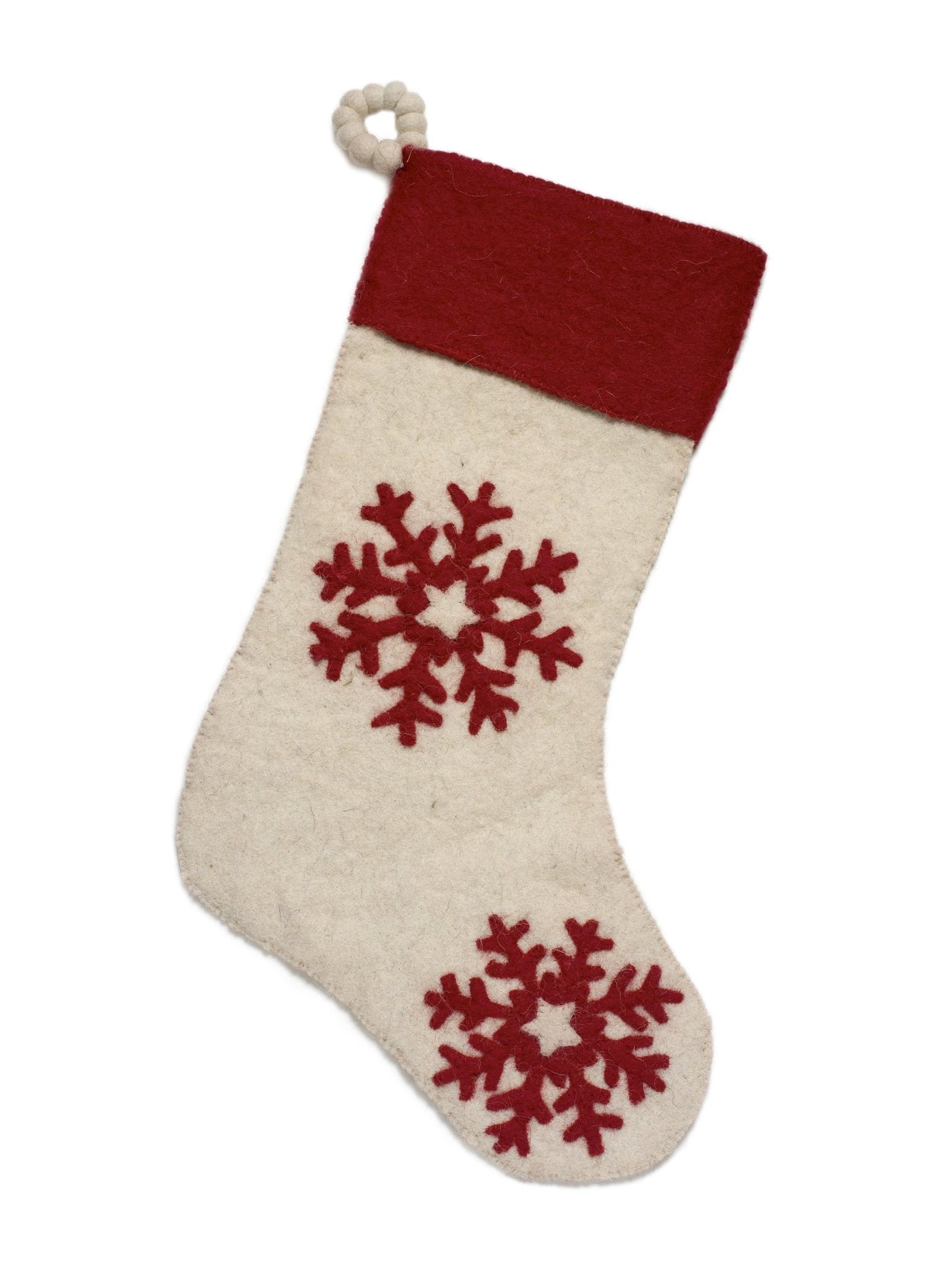 Hand Felted Wool Christmas Stocking Red Snowflakes Cream Arcadia Home