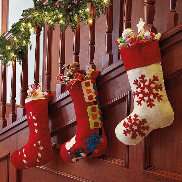 Hand Felted Wool Christmas Stocking Red Snowflakes Cream Arcadia Home