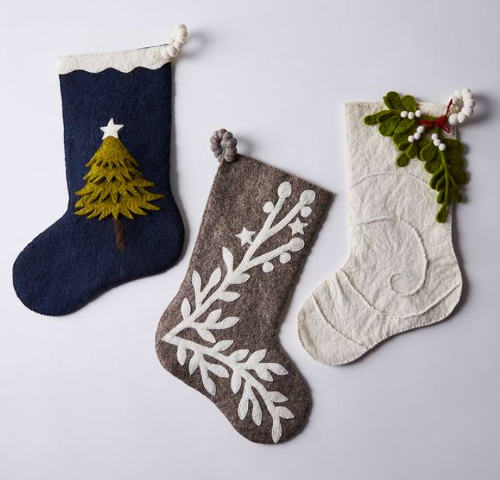 Hand Felted Wool Christmas Stocking - Tree Navy Blue Arcadia Home