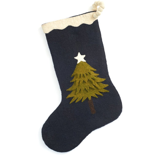 Hand Felted Wool Christmas Stocking - Tree Navy Blue Arcadia Home