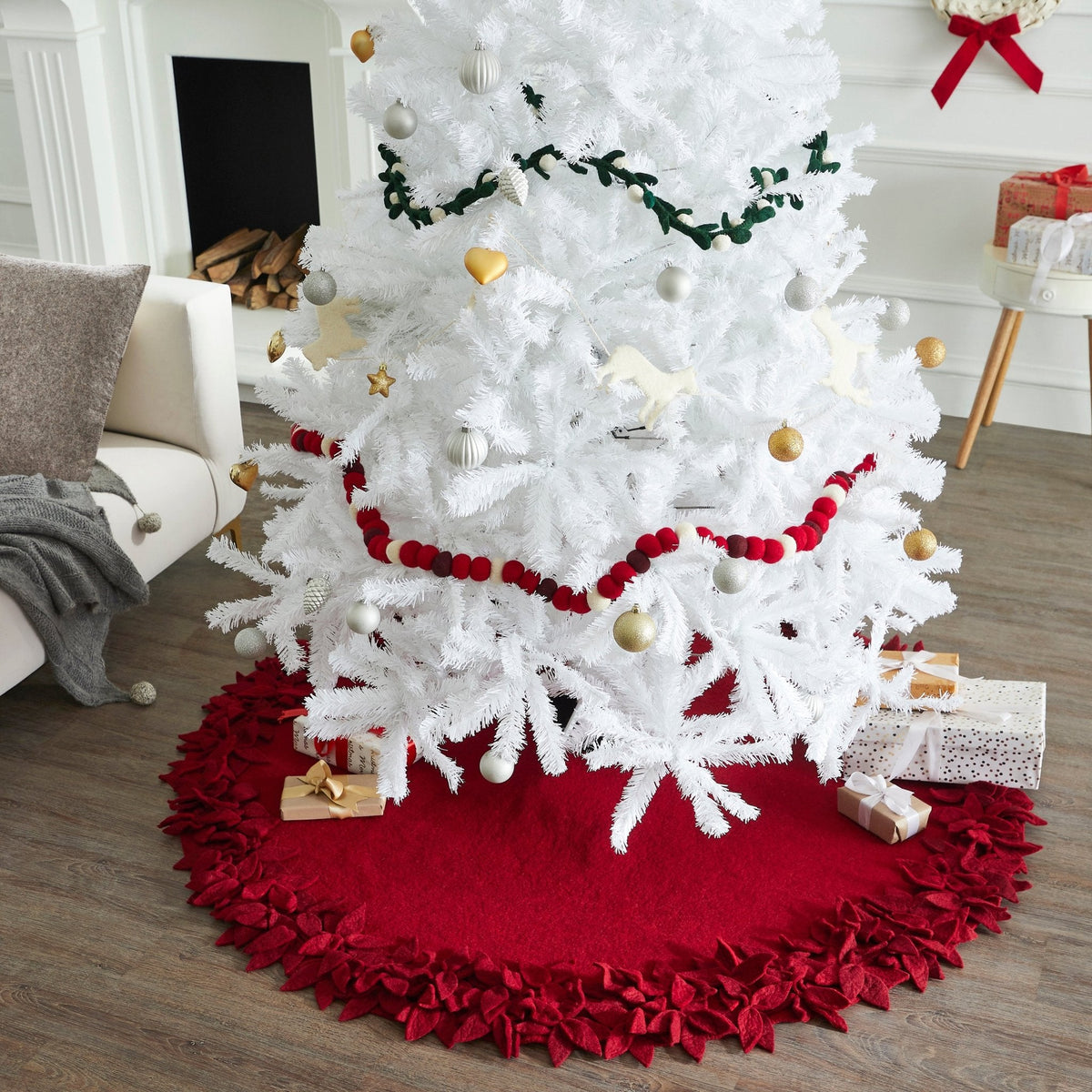 Hand Felted Wool Overlapping Flowers Border Maroon Christmas Tree Skirt 64"/72"