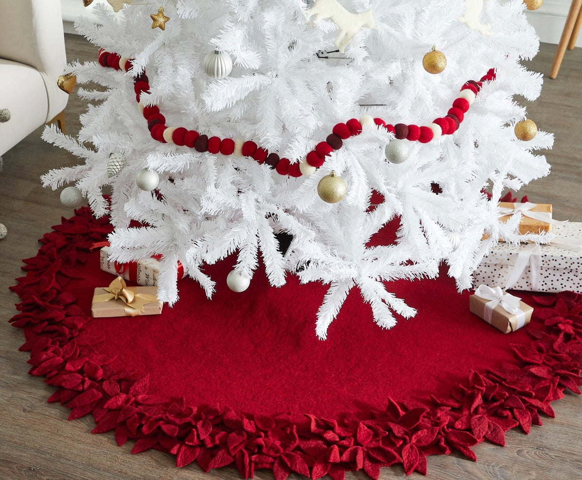 Hand Felted Wool Overlapping Flowers Border Maroon Christmas Tree Skirt 64"/72"