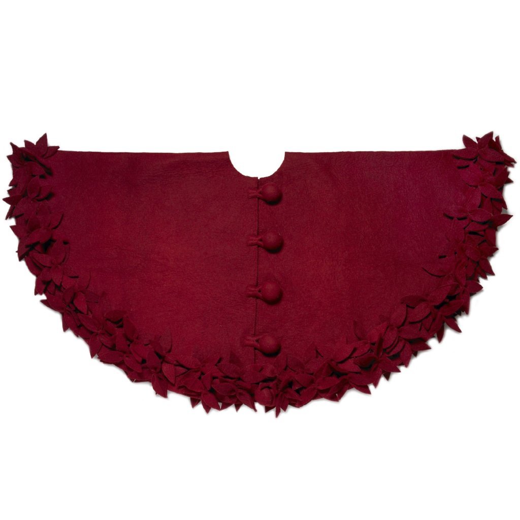 Hand Felted Wool Overlapping Flowers Border Maroon Christmas Tree Skirt 64"/72"