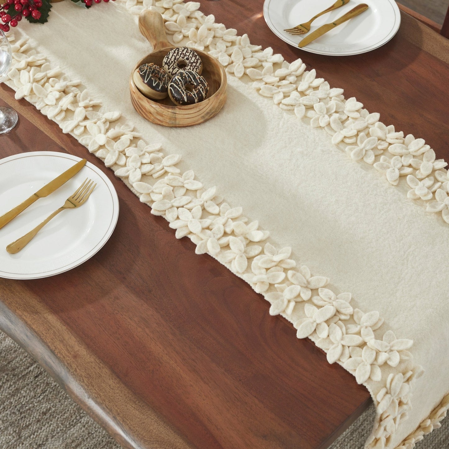 Hand Felted Wool Floral Border Table Runner Cream, 16x90" Arcadia Home