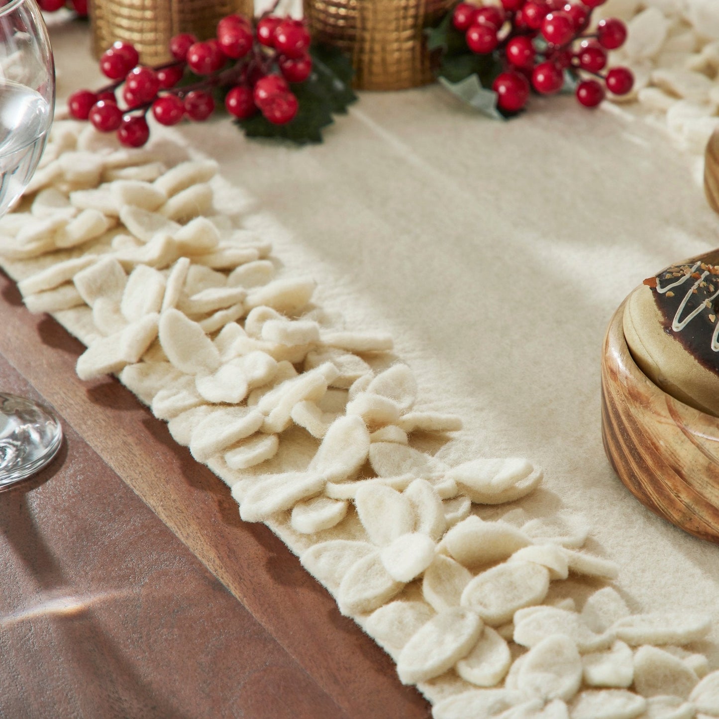 Hand Felted Wool Floral Border Table Runner Cream, 16x90" Arcadia Home
