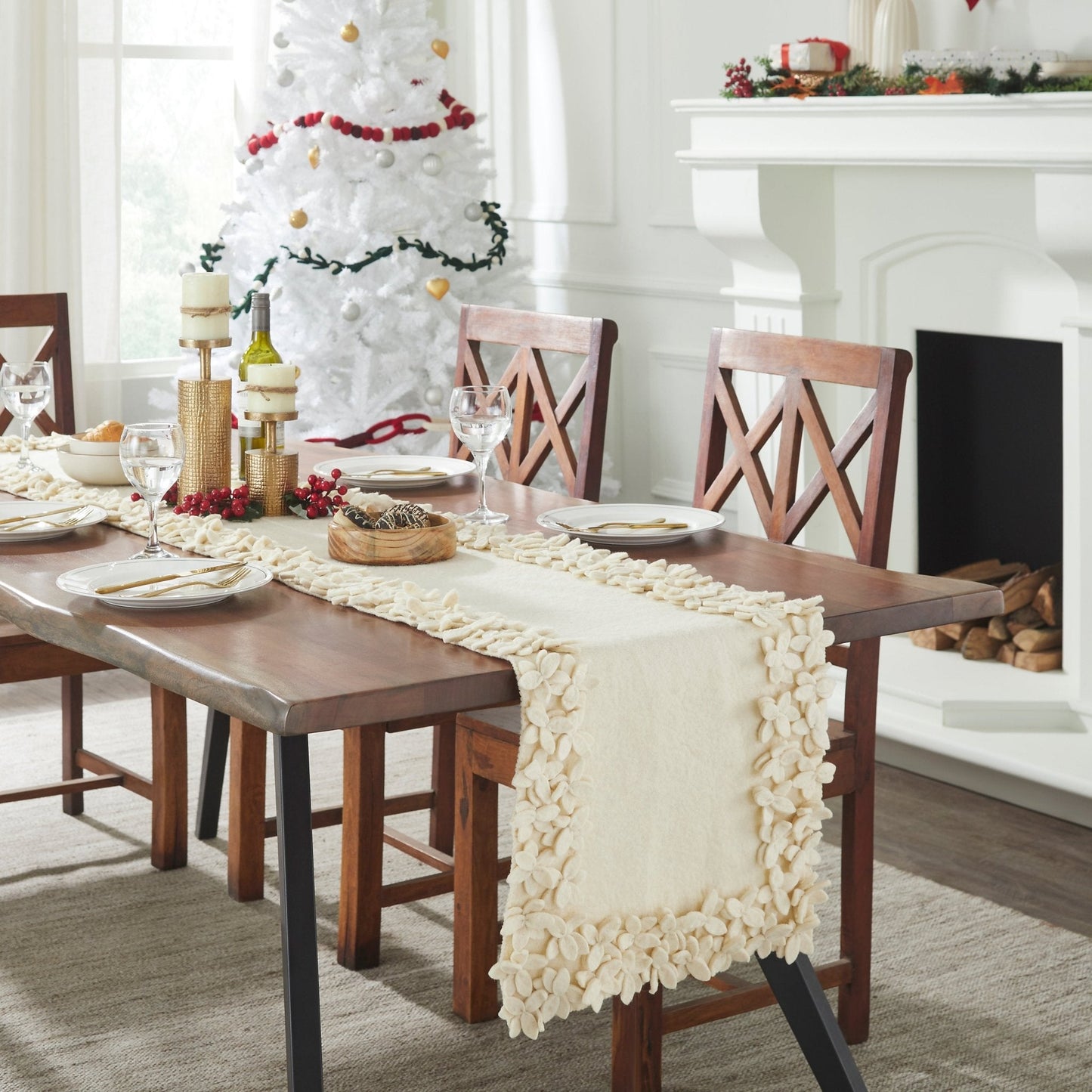 Hand Felted Wool Floral Border Table Runner Cream, 16x90" Arcadia Home