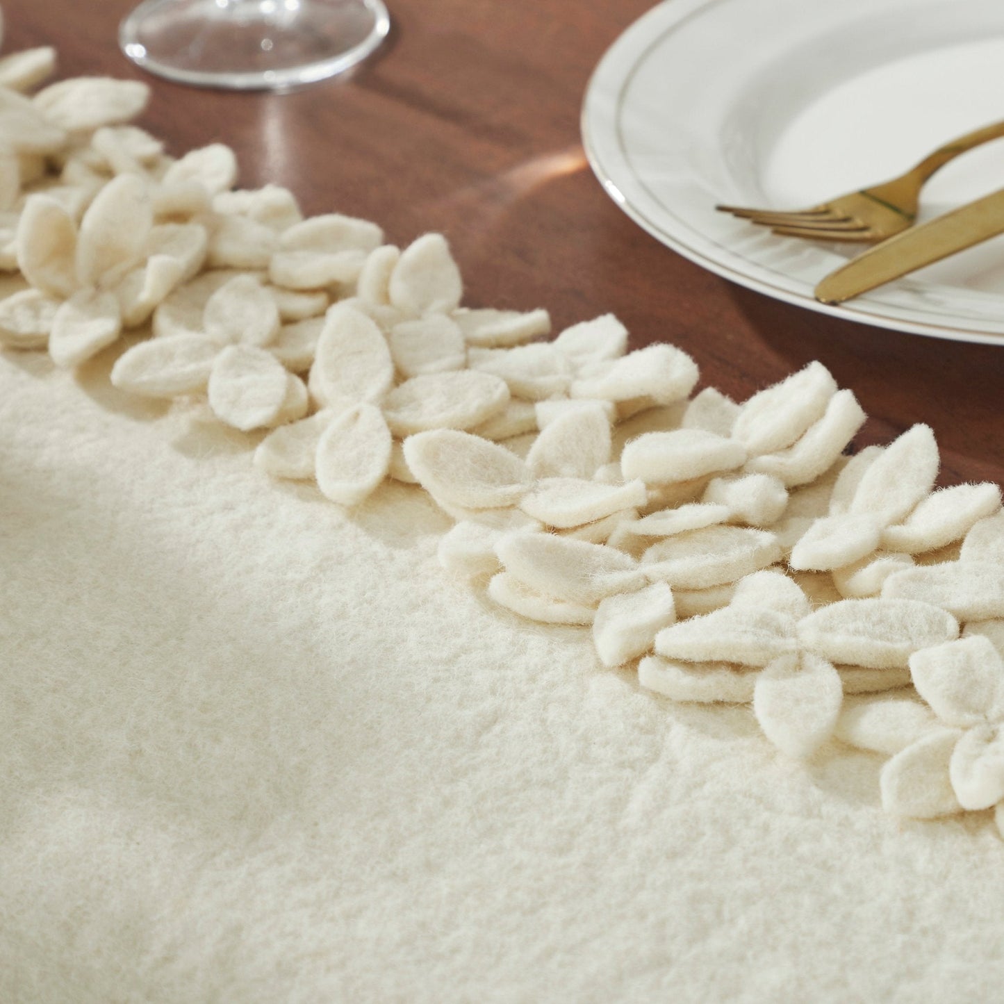 Hand Felted Wool Floral Border Table Runner Cream, 16x90" Arcadia Home