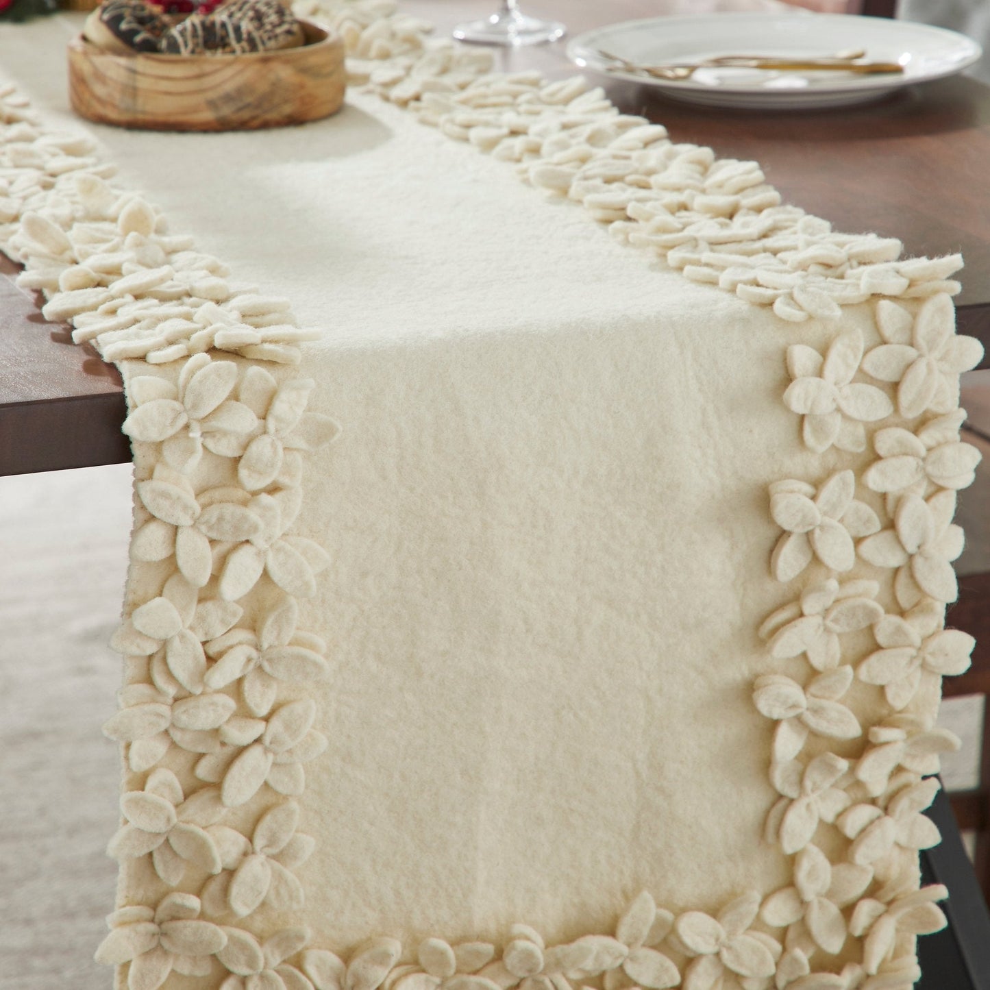 Hand Felted Wool Floral Border Table Runner Cream, 16x90" Arcadia Home