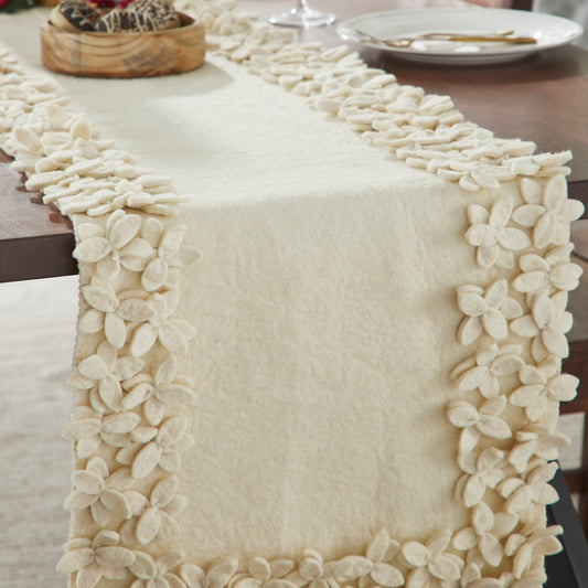 Hand Felted Wool Floral Border Table Runner Cream, 16x90" Arcadia Home