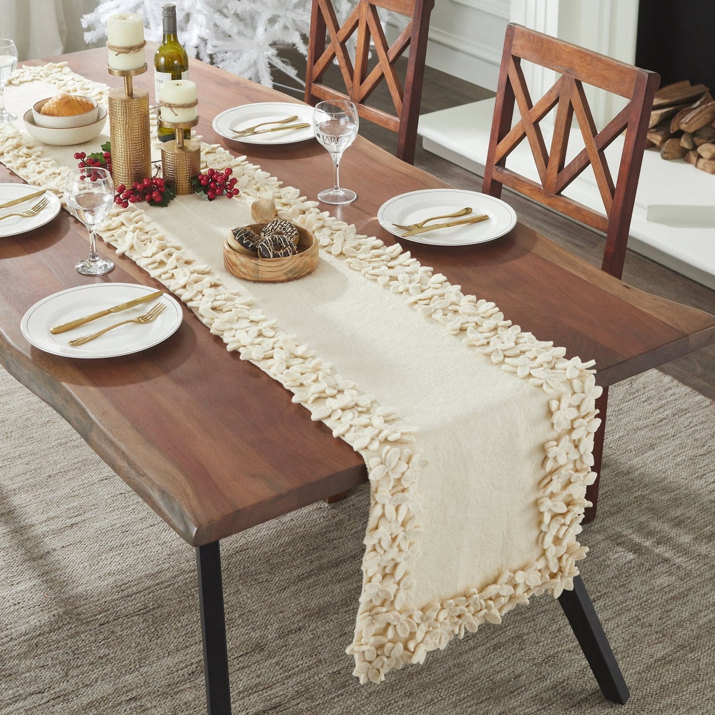 Hand Felted Wool Floral Border Table Runner Cream, 16x90" Arcadia Home