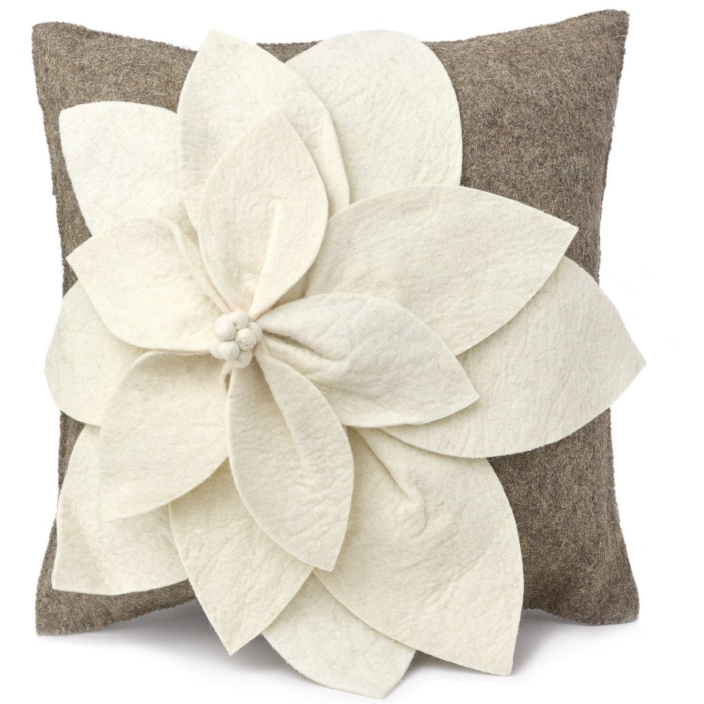 Hand Felted Wool Pillow - 3D Flower Cream Gray - 20" Arcadia Home