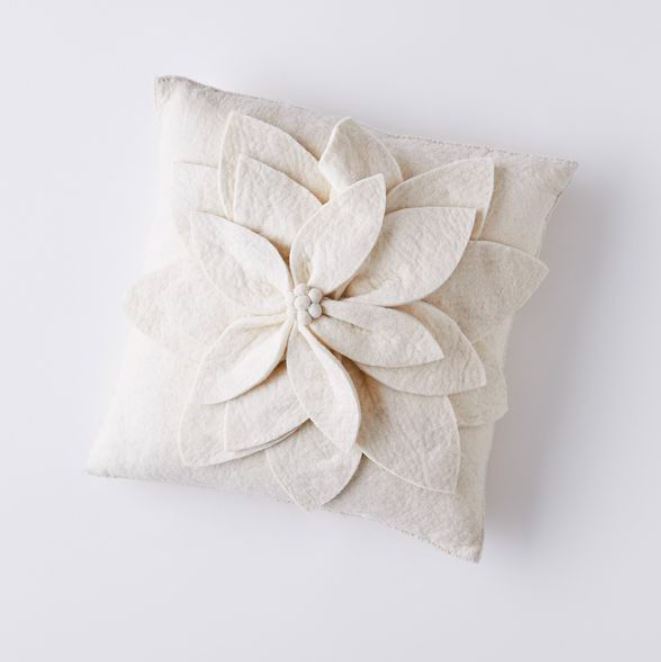Hand Felted Wool Pillow - Cream 3D Flower Cream – 20" Arcadia Home