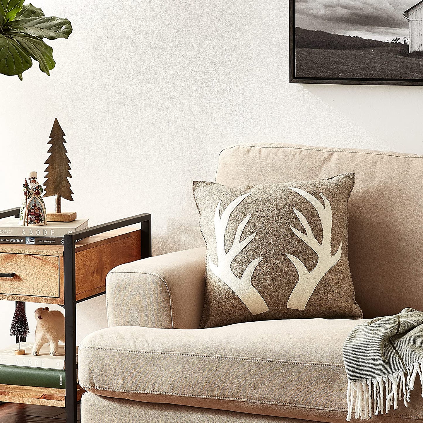 Hand Felted Wool Pillow - Cream Antlers Gray - 20" Arcadia Home