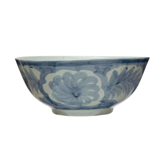 Hand-Painted Blue & White Stoneware Bowl – Floral Design