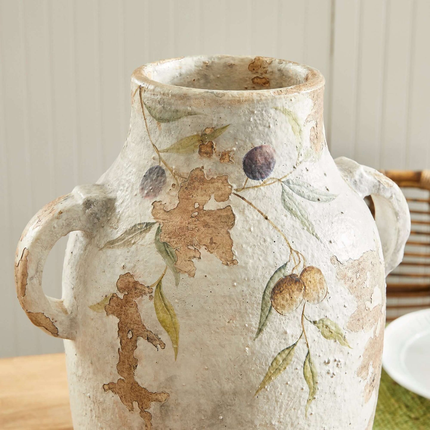 Hand-Painted Italian Olive Vine Ceramic Urn