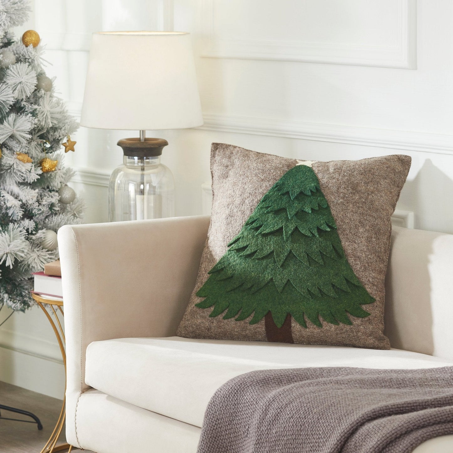 Handmade Christmas Pillow Hand Felted Wool - Green Tree Gray - 20" Arcadia Home