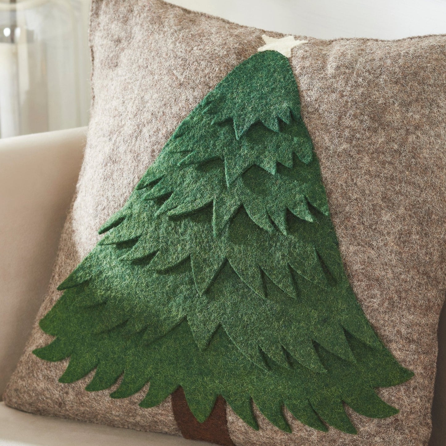 Handmade Christmas Pillow Hand Felted Wool - Green Tree Gray - 20" Arcadia Home