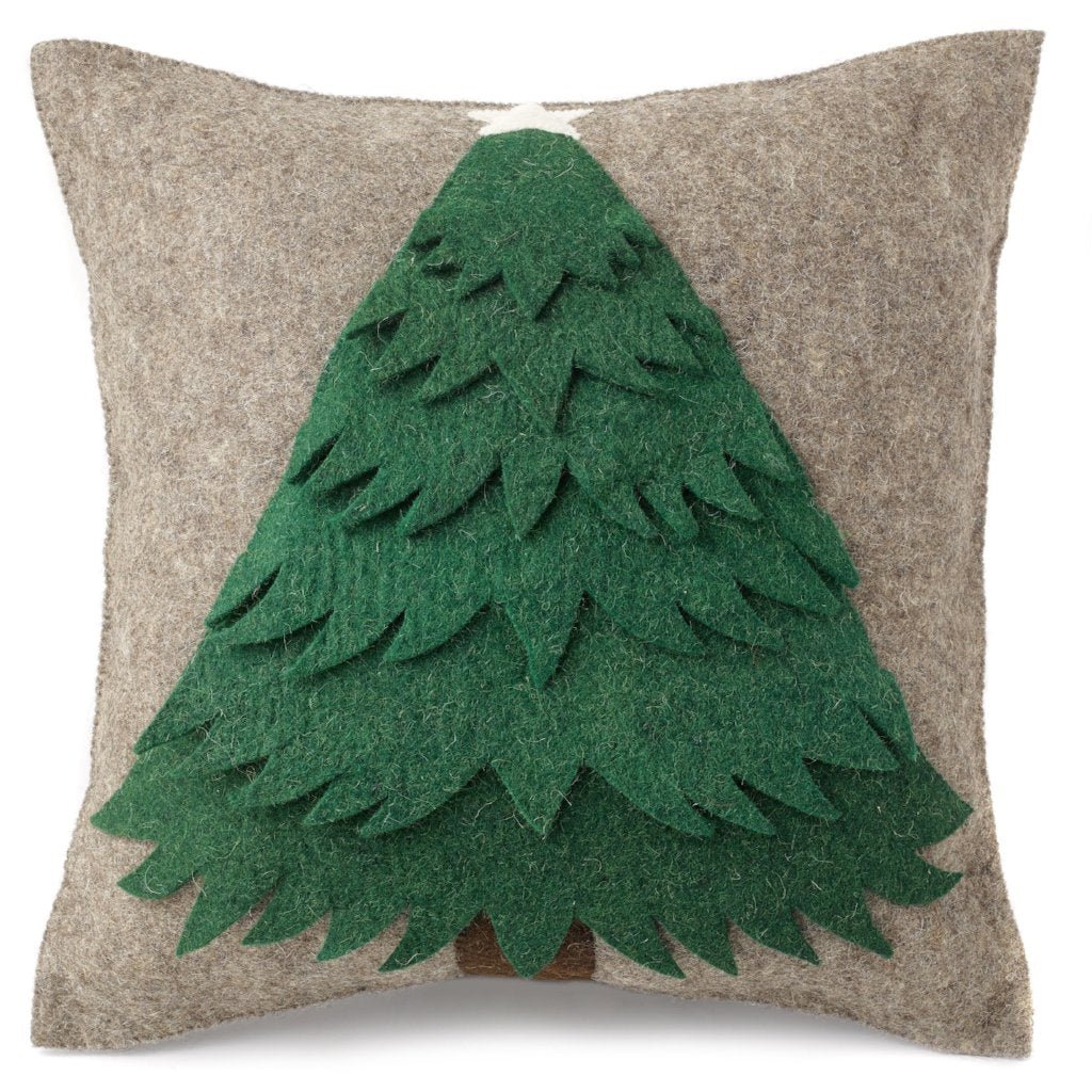 Handmade Christmas Pillow Hand Felted Wool - Green Tree Gray - 20" Arcadia Home