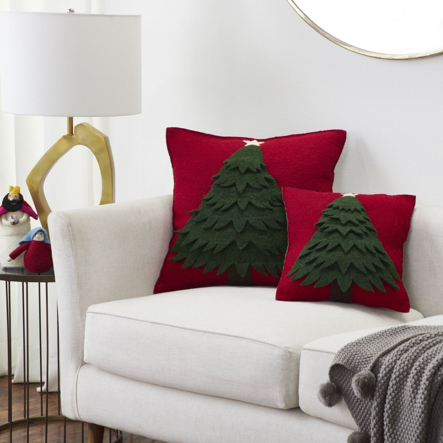 Handmade Christmas Pillow Hand Felted Wool - Tree Red - 20" / 14" Arcadia Home