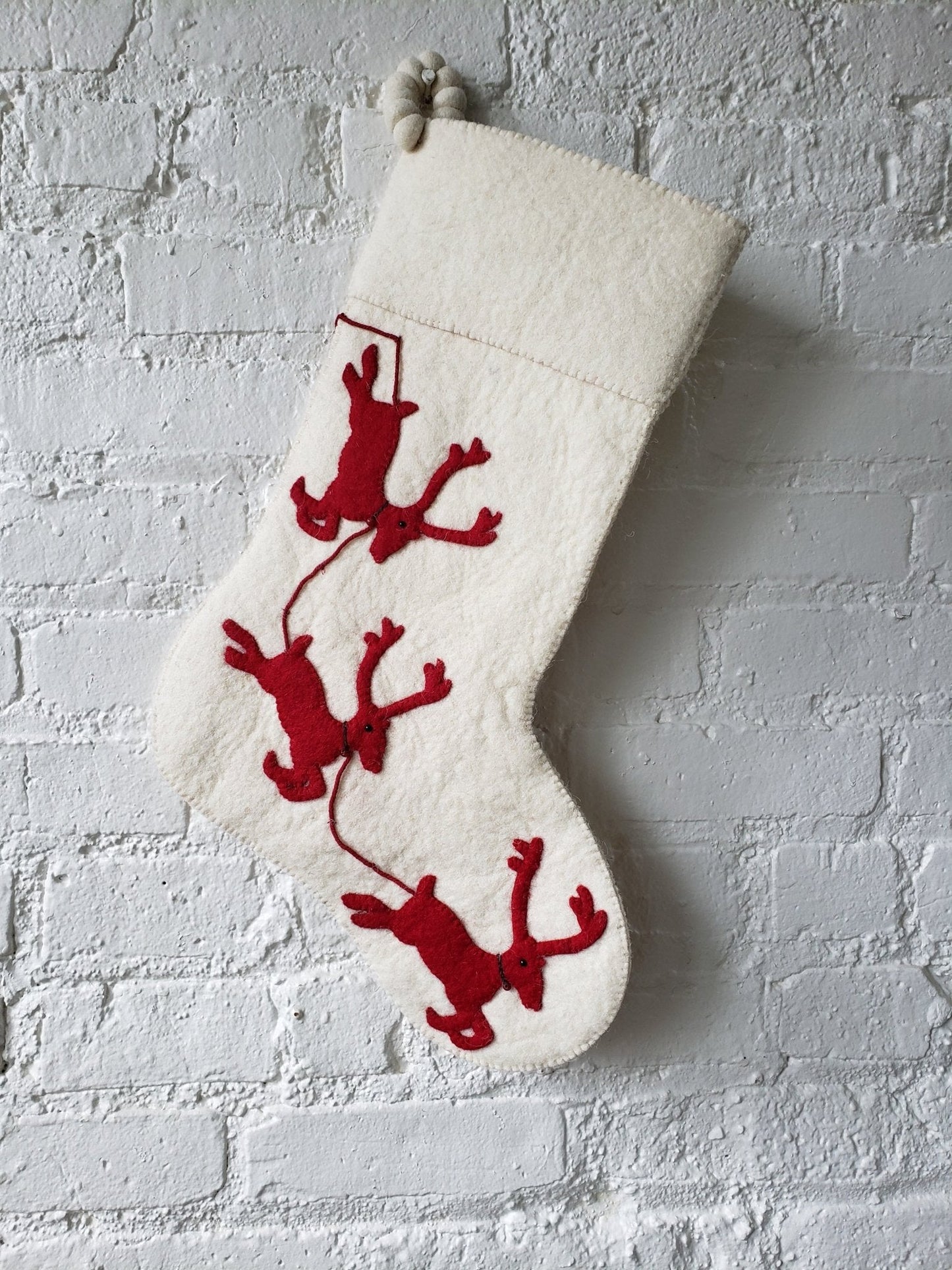 Handmade Christmas Stocking Cream Reindeer Red Arcadia Home